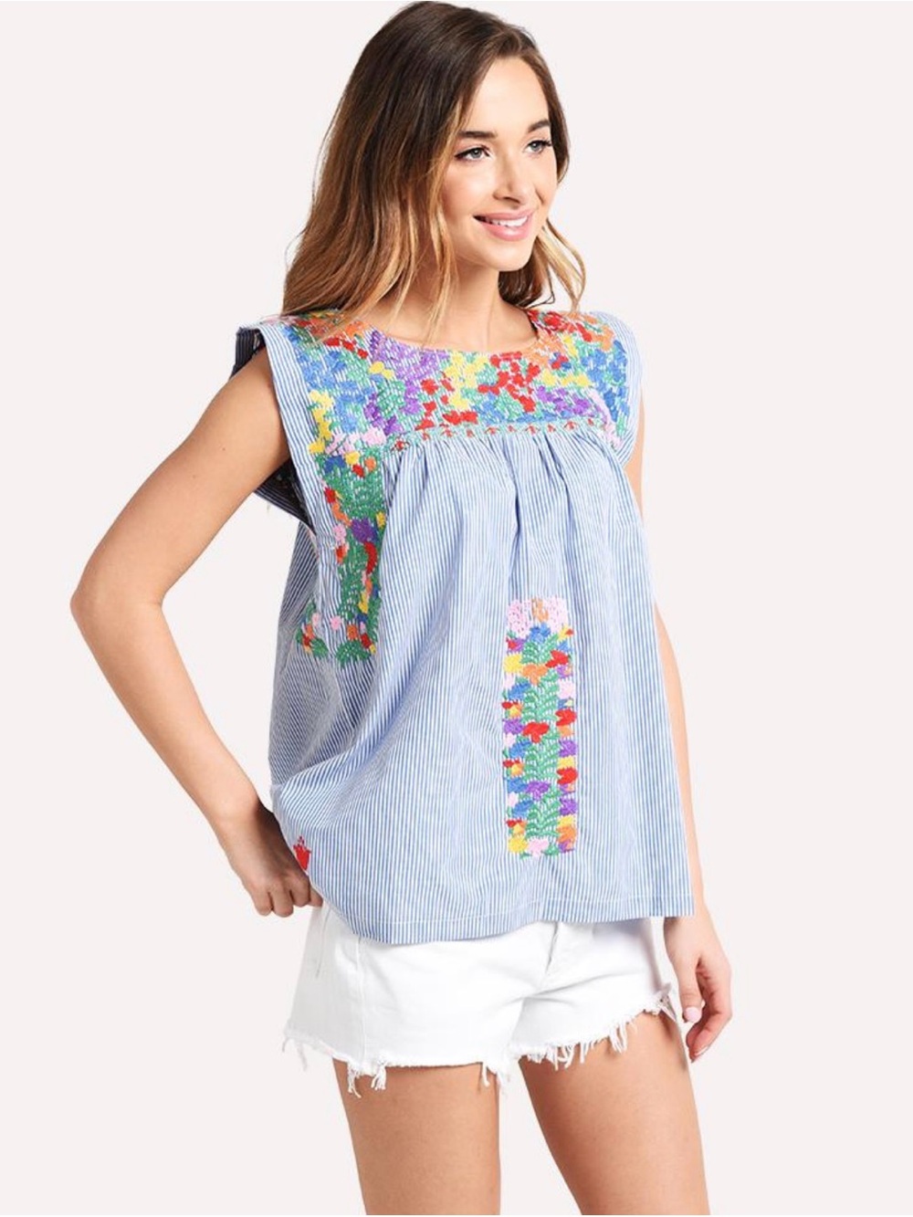 J.Marie Blue Striped Floral Mexican Embroidered Sleeveless Top - Picture 3 of 10